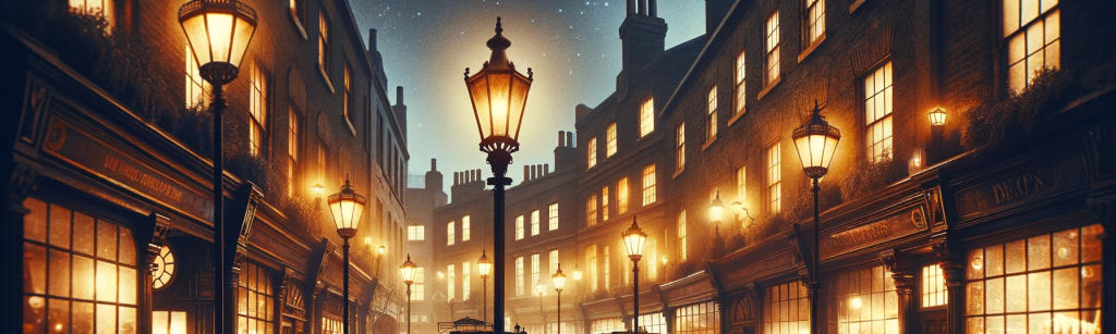 The image is a depiction of a Victorian London alley at night, alive with the warm glow of gas street lamps. Cobblestone streets lead the eye through a bustling scene of shops, horse-drawn carriages, and well-dressed pedestrians. The architecture and attire transport the viewer to a bygone era of London's rich history.