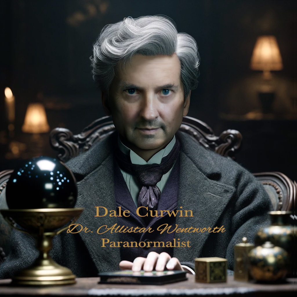 The image is a portrait of a man stylized as a Victorian paranormalist named Dale Curwin, also referred to as Dr. Allistar Wentworth, seated at a table with a black scrying ball and esoteric items.