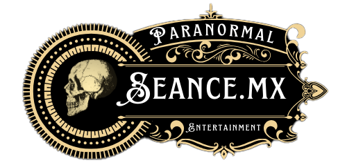 Seance.mx logo black and gold with a skull looking left and the words Paranormal, Seance.mx, and Entertainment