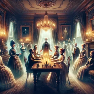 Dark Victorian Parlor with medium and sitters for seance. Lit with candles